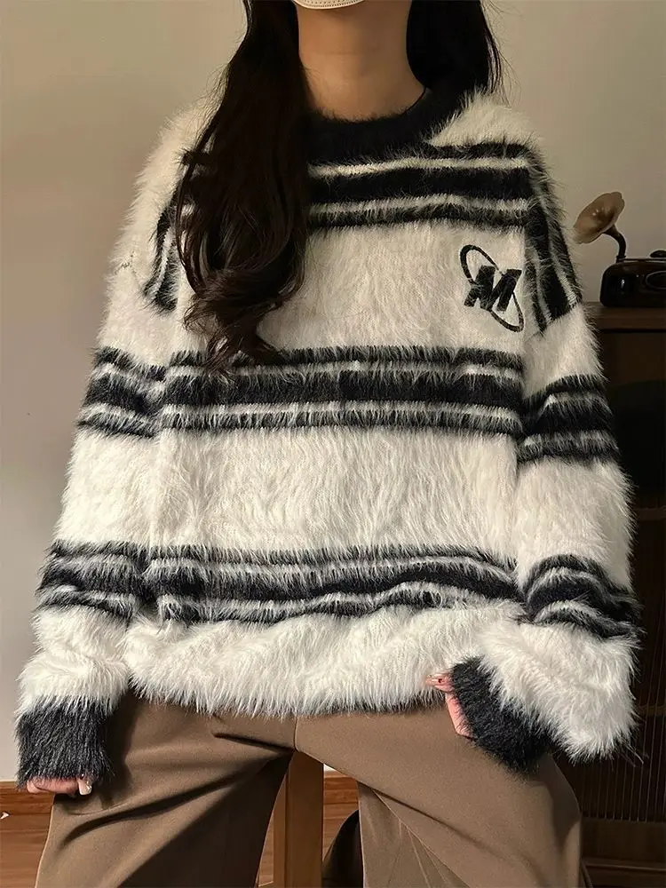 MiiiiX American Retro Striped Contrast Knitted Sweater Women Pullovers 2024 Autumn New Imitation Mink Fur Soft Loose Outerwears