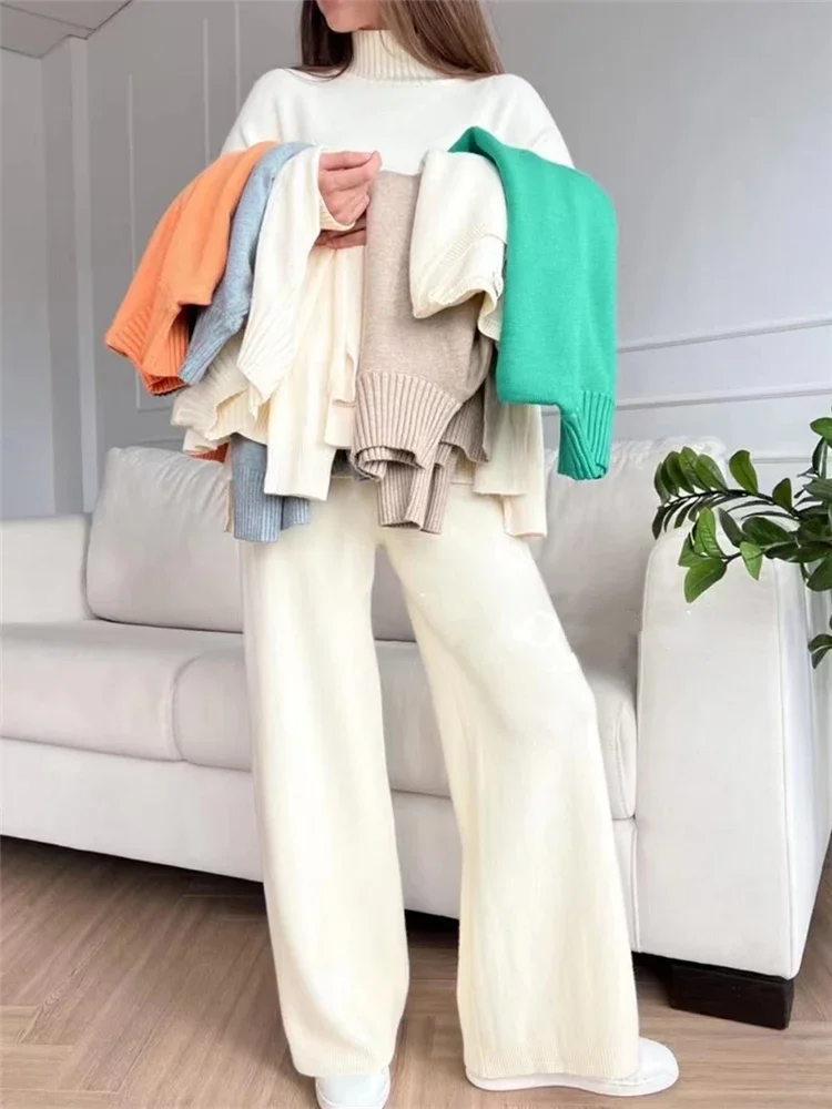 

Wool Cotton Blended Autumn Winter 2 Pieces Women Sets Knitted Tracksuit Turtleneck Sweater and Straight Jogging Pants Suits
