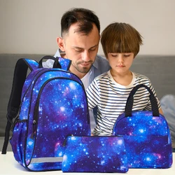 Mochila informal versión coreana para hombre y mujer, conjunto de tres piezas de lona, mochila con cielo estrellado