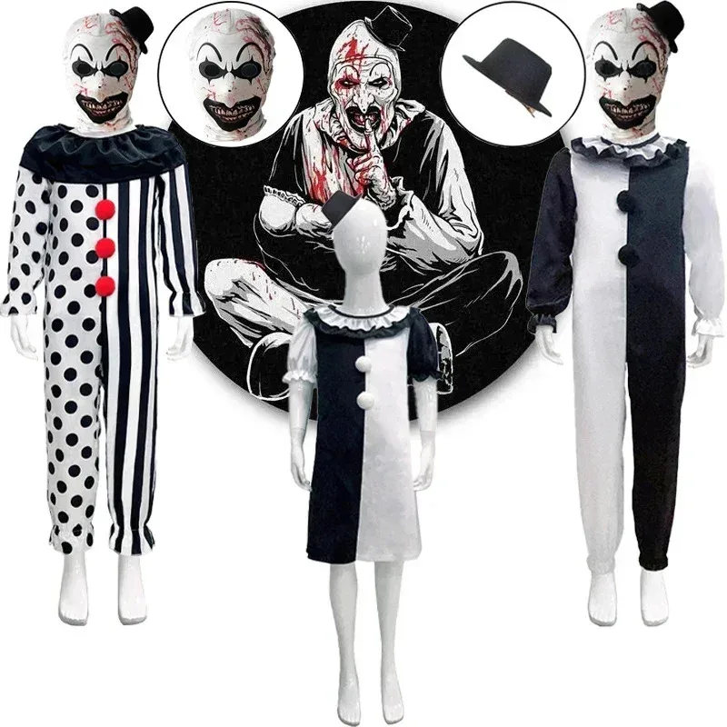 

Kids Terrifier Clown Cosplay Costume Terrifier Mask Jumpsuit Halloween Costume Horror Black White Clown Jumpsuits Girls Boys