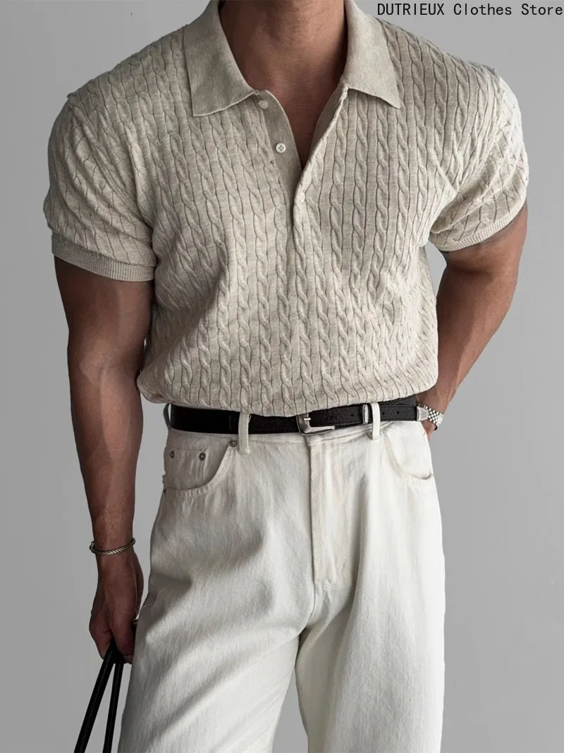 

American Sle Hard Man Knitted Irt Muscle Men Slim Fit Elastic OrtSve Turn-down Collar Sweatirt Tight Sve Men Golf Polo Shirt