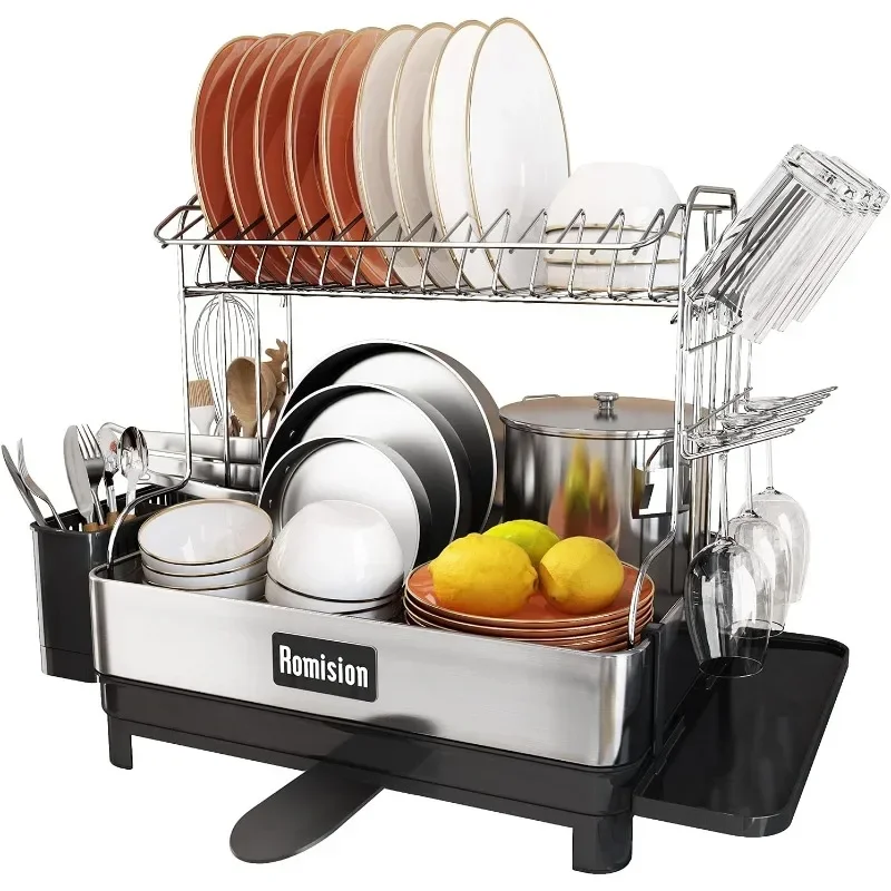 romision Dish Rack and Drainboard Set,  Tier Large Dish Drying Rack with Swivel Spout, Dish Strainer f