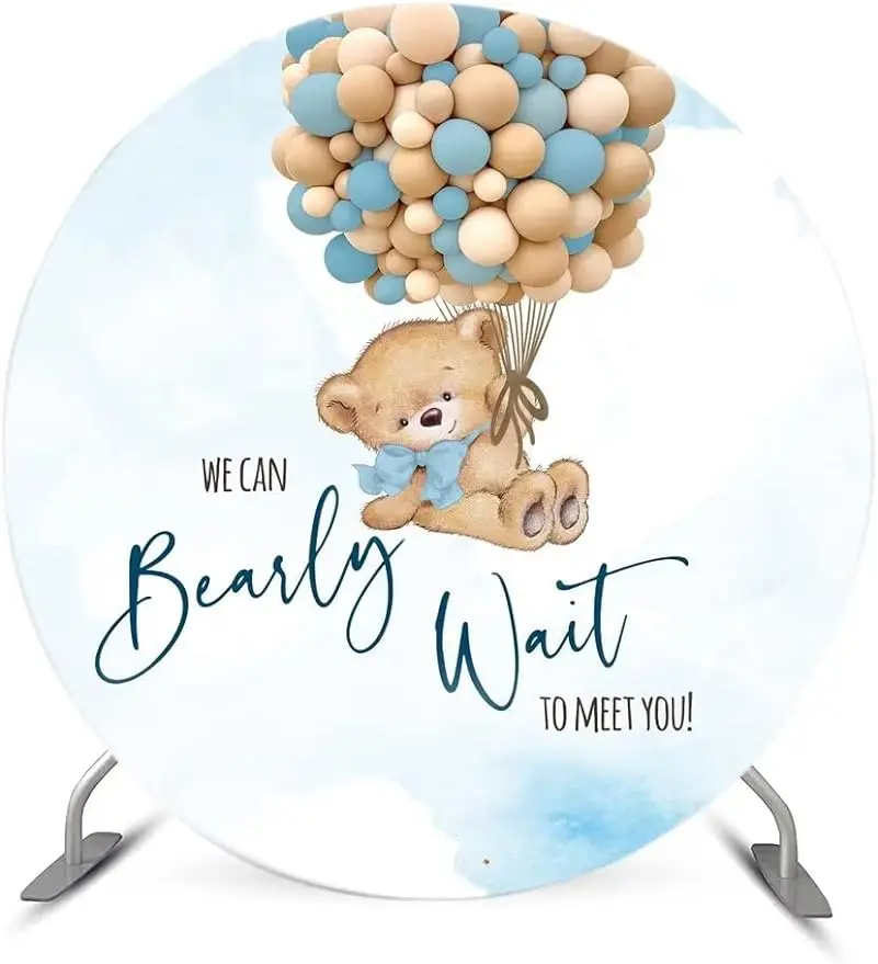 

We Can Bearly Wait to Meet You Round Backdrop Cover for Boy Baby Shower Party Decoration