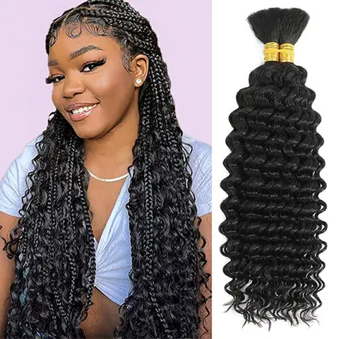 2 Bundles Human Braiding Hair for Boho Braids, 14Inch 100G 10A Brazilian Virgin Deep Wave Bulk Human Hair for Braiding