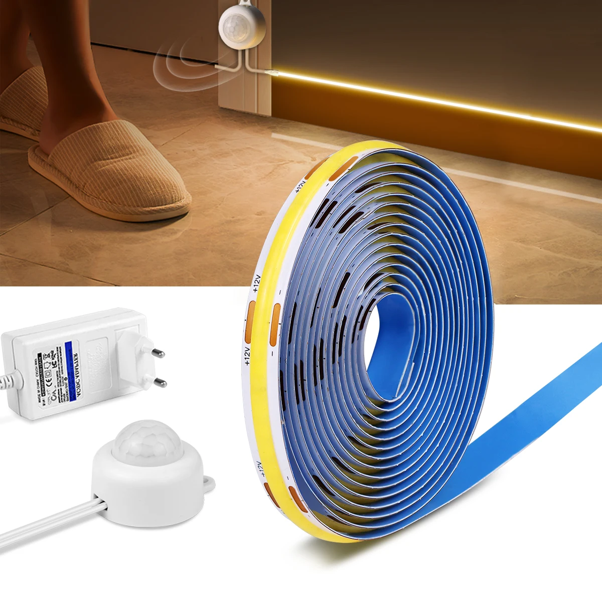 

12V COB Led Strip Light Motion Sensor Wireless Auto ON/OFF Swtich Led Night Light for Kitchen Bedroom Stair Corrior Smart Lamp