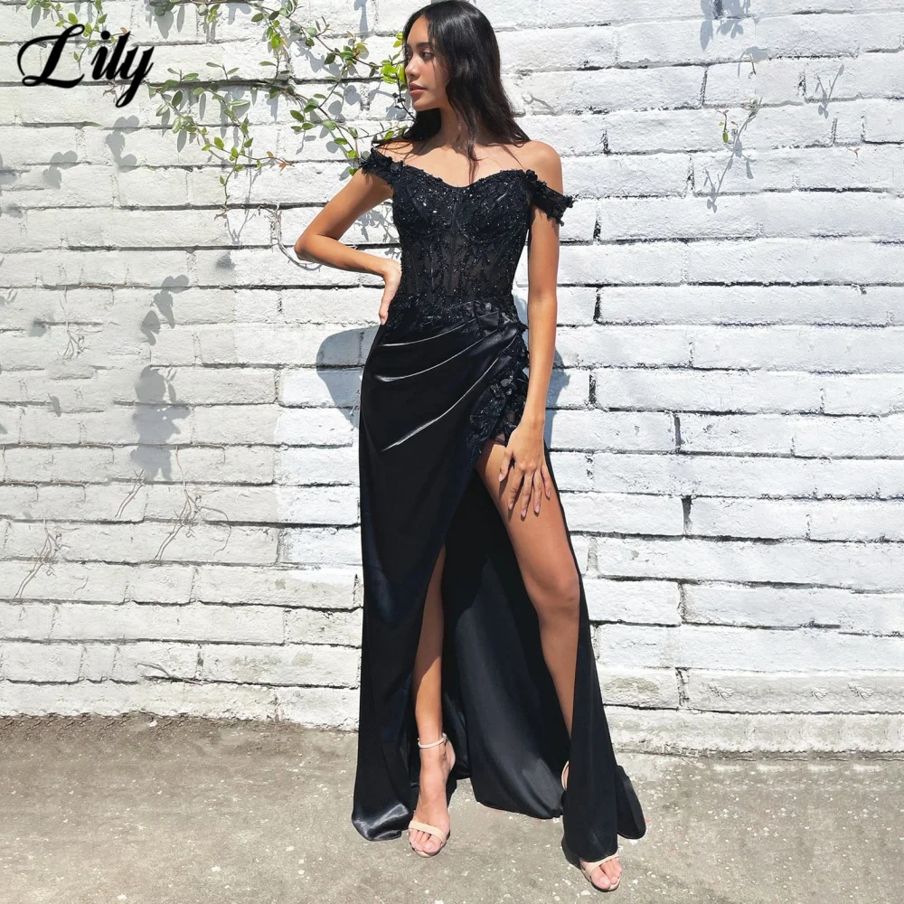 

Lily Sexy Modern Style Prom Dresses Sweetheart Off the Shoulder Split Prom Gown Satin Applique Beadwork Formal Gown Customized