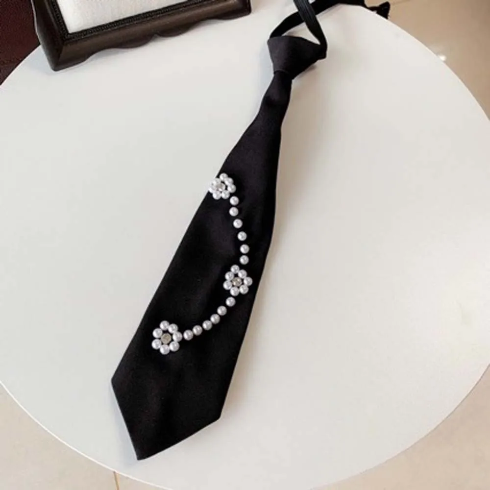 Elegant Korean Style Pearls Tie Black Choker Hand-beaded Long Necktie Geometric Academic Style Decoration Shirt Tie Performance - Image 3