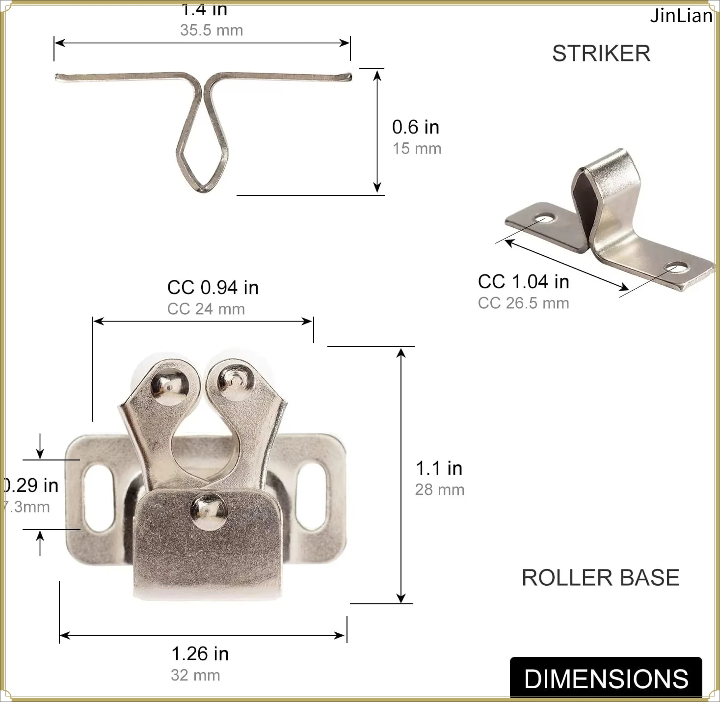 Furniture Door Stoppers Antique Copper Color Cupboard Cabinet Door Roller Latch Twin Double Catches with Striker and Free Screws
