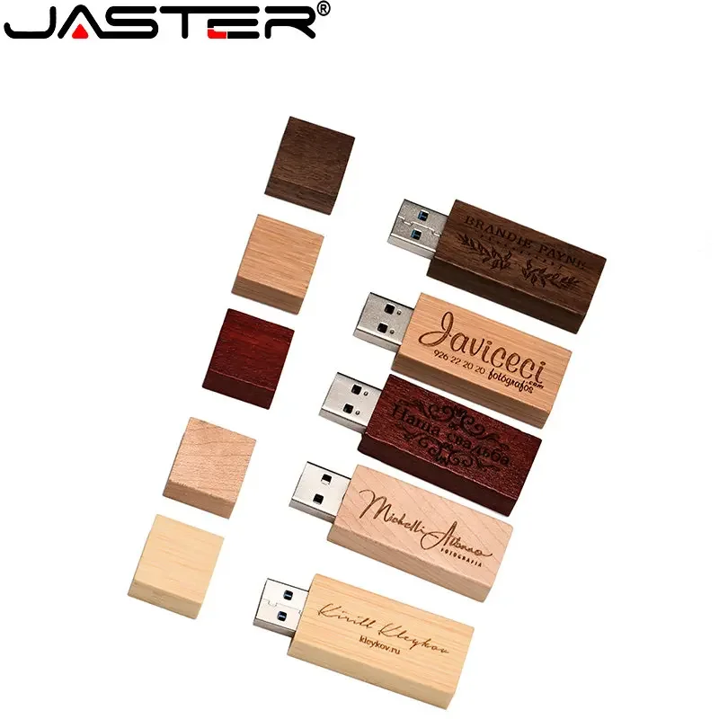 JASTER 10PCS/LOT Free Custom LOGO Wooden USB 2.0 Flash Drives 128GB 64GB Pen Drive with box Memory Stick Wedding Creative U disk