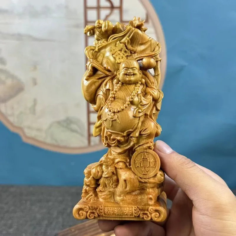 wood carving Big Belly Laughing Buddha sculptures and figurines characteristics Home Room Office Wealth Luck Feng Shui Decor view 3