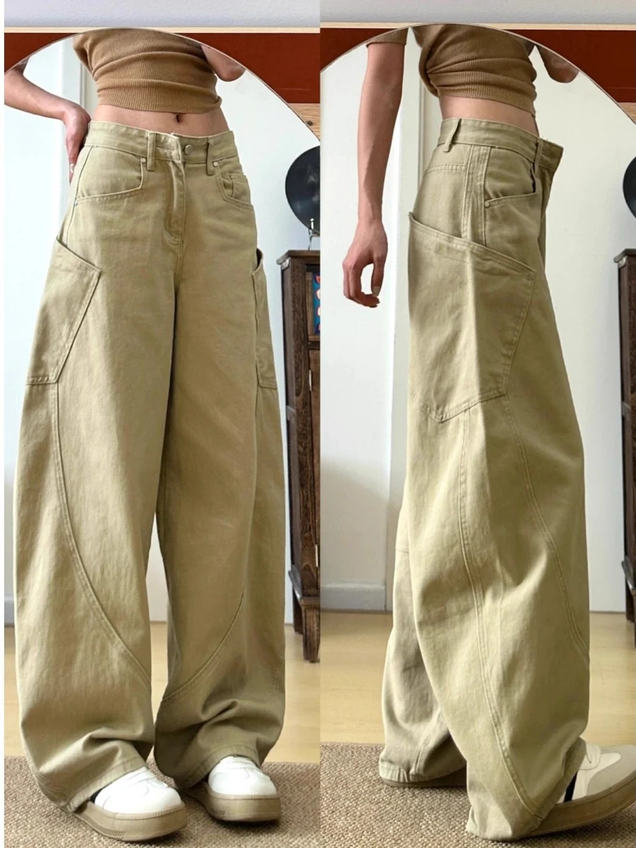 High Waist Wide Leg Workwear Jeans Women's Spring Autumn Khaki Color Asymmetric Design Comfortable Loose Fit Casual Trousers