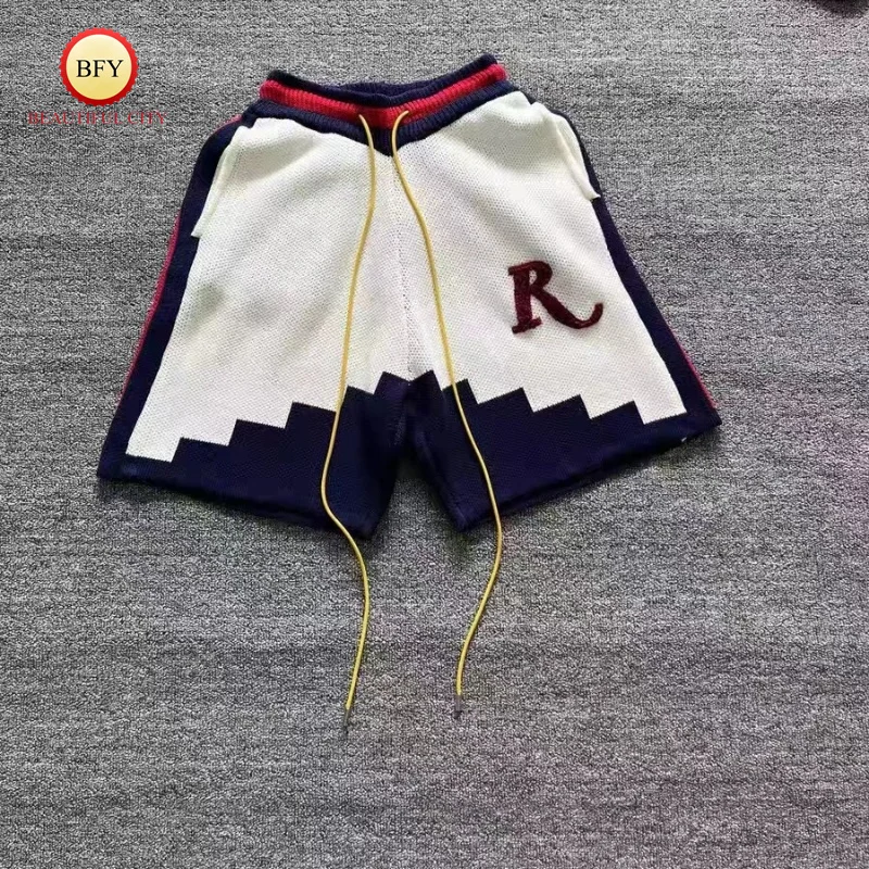 

24SS Top Quality Colour Block Knit Jacquard Logo Embroidery Drawstring Loose Casual Jogging Mens Womens Shorts With Tags