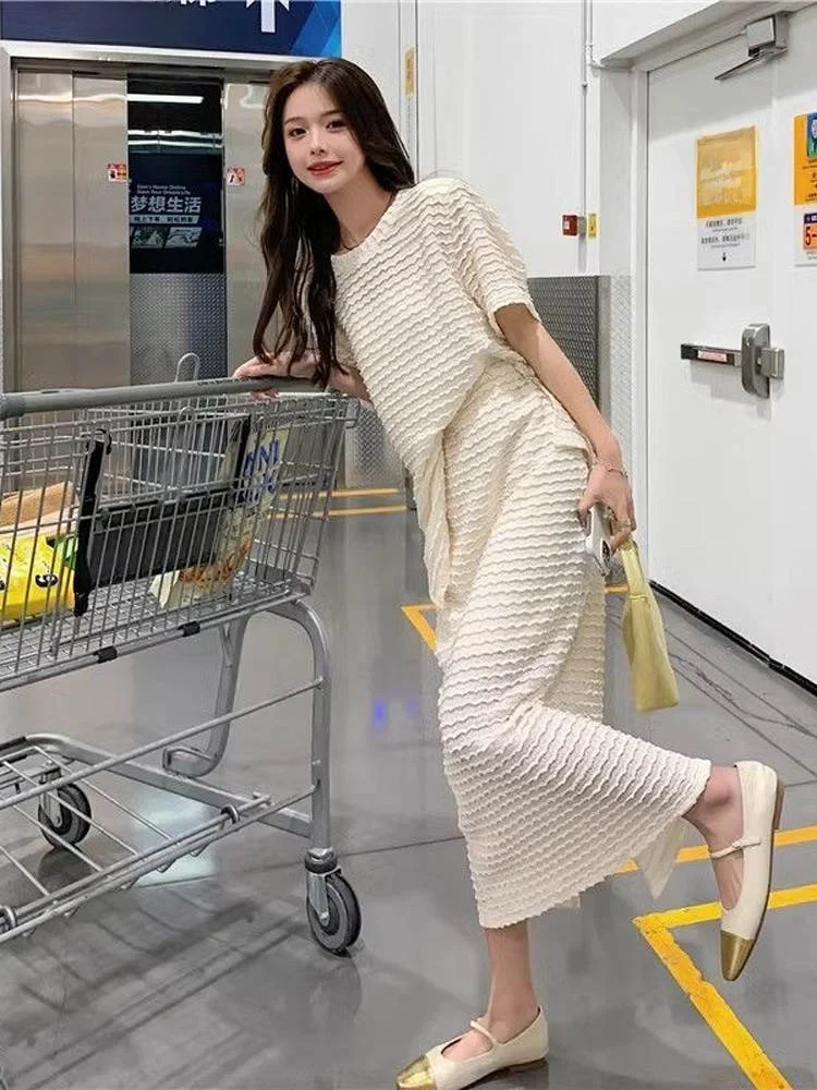 

Повседневный свободный летний наряд больших размеров, комплект из двух предметов, юбка трапециевидной формы с высокой талией и футболка, удобная ленивая мода для женщин