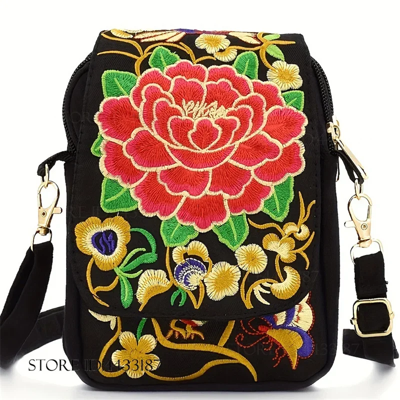Travel Bags Ethnic Style Purses Stylish Women's Embroidered Flowers Handbag Shoulder Crossbody Bag with Zipper Small Canvas