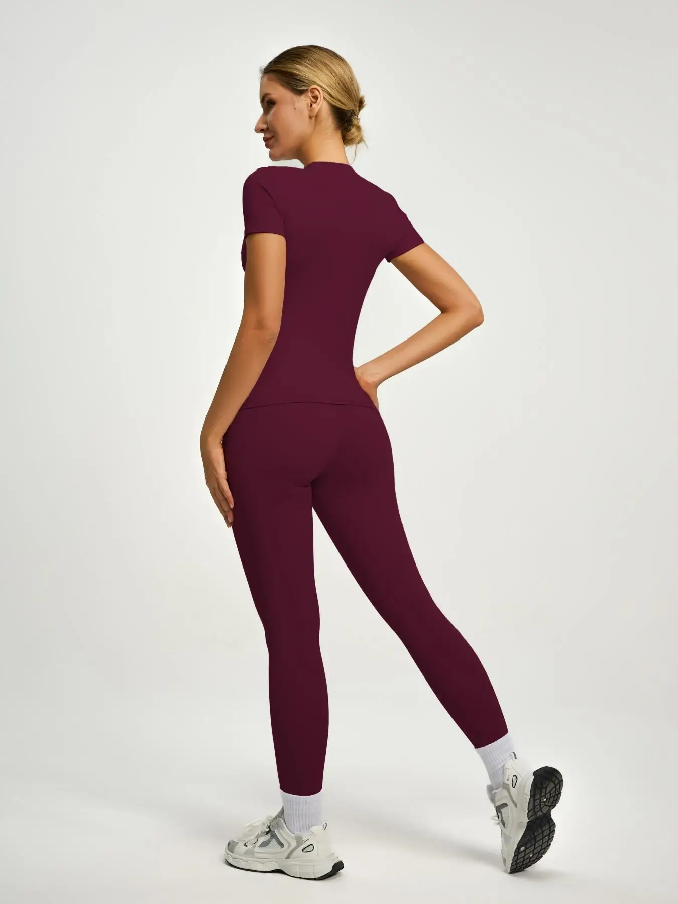 Women's Short Sleeve Sporty Set, High Waist Yoga Pants & T-Shirt Combo, Ideal for Fitness Gym Sculpting Workout image 3