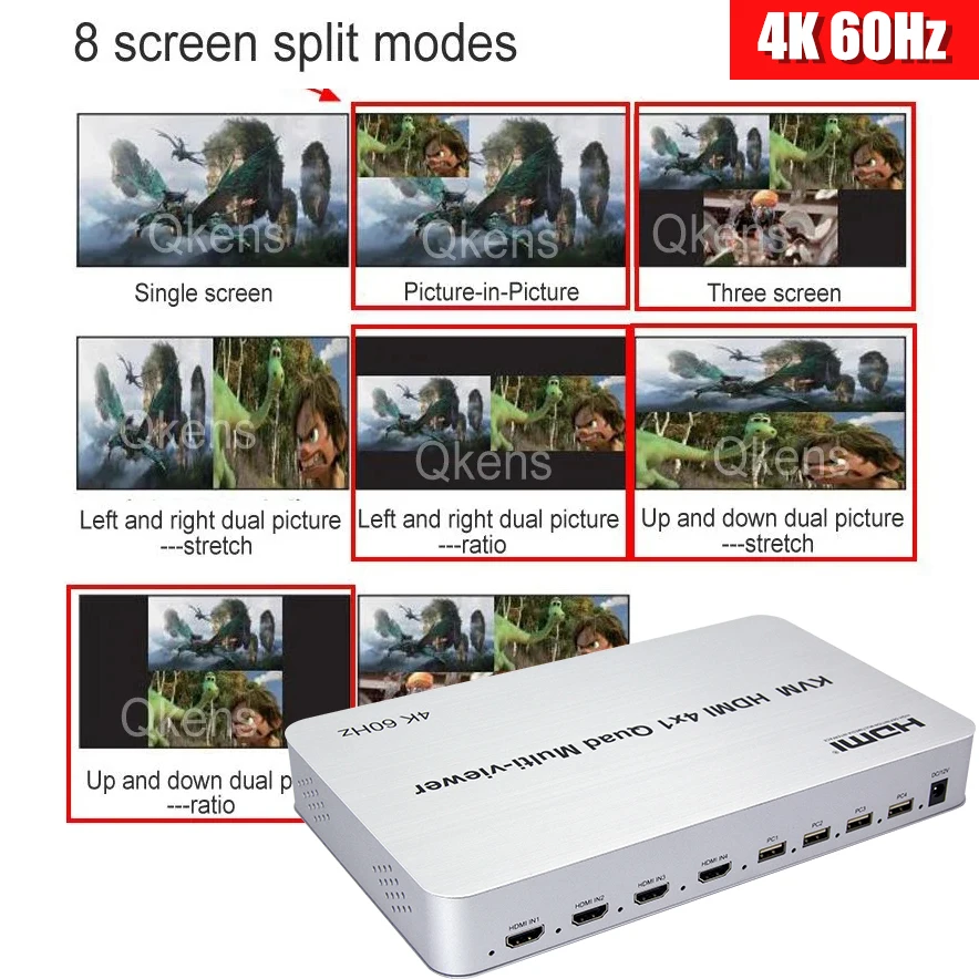 

4K 60Hz 4x1 Quad HDMI Multiviewer USB KVM Switch Multi-viewer 4 Channel Video Multiplexer Support PIP Mirror Flip , Dual Screen