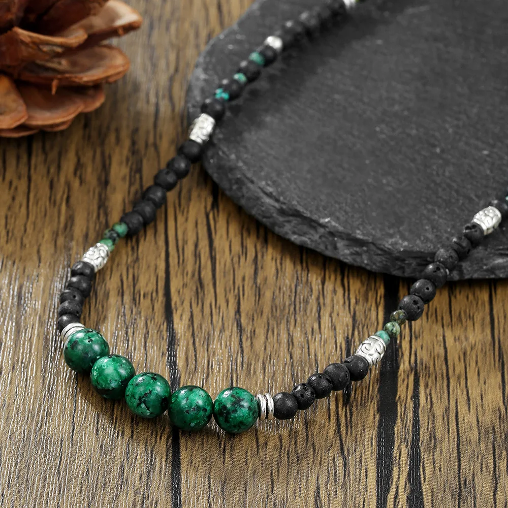 1PC INGX Vintage Bohemia Black Lave Stone Long Beaded Necklace for Men Tribal Ethnic Africa Stone Necklace Man Jewlery