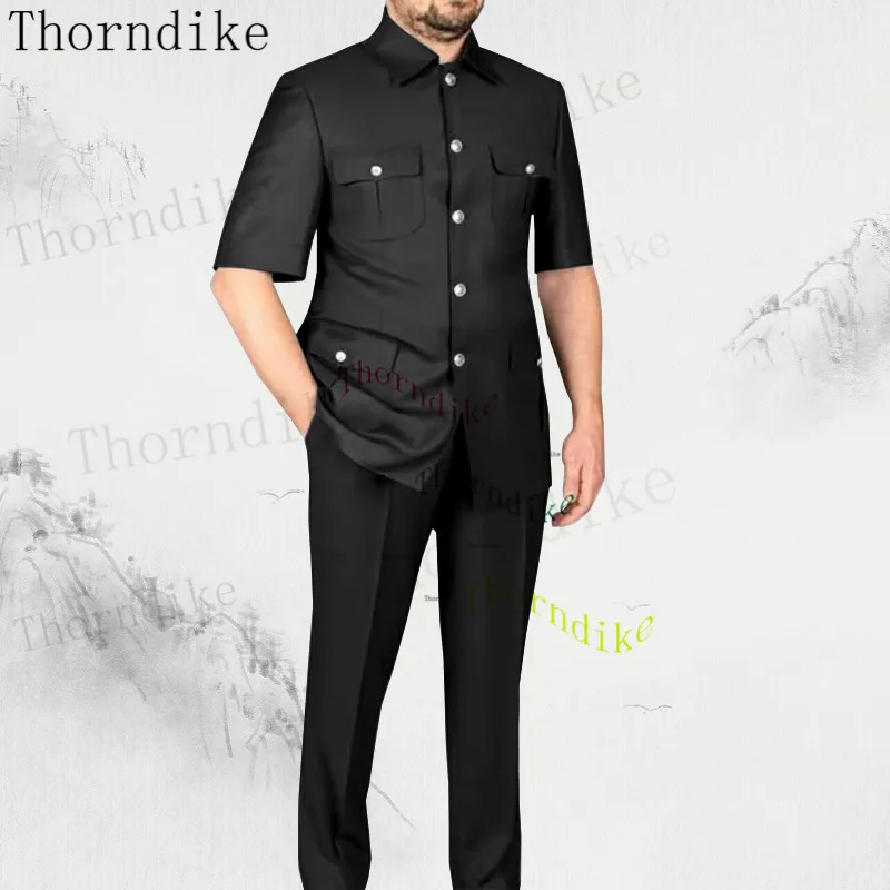 Thorndike (Jacket+Pants) Fashion Men's Pure Color Leisure Suits Gray Blue Black Slim Fit Men Business Banquet Suit Set Plus Size