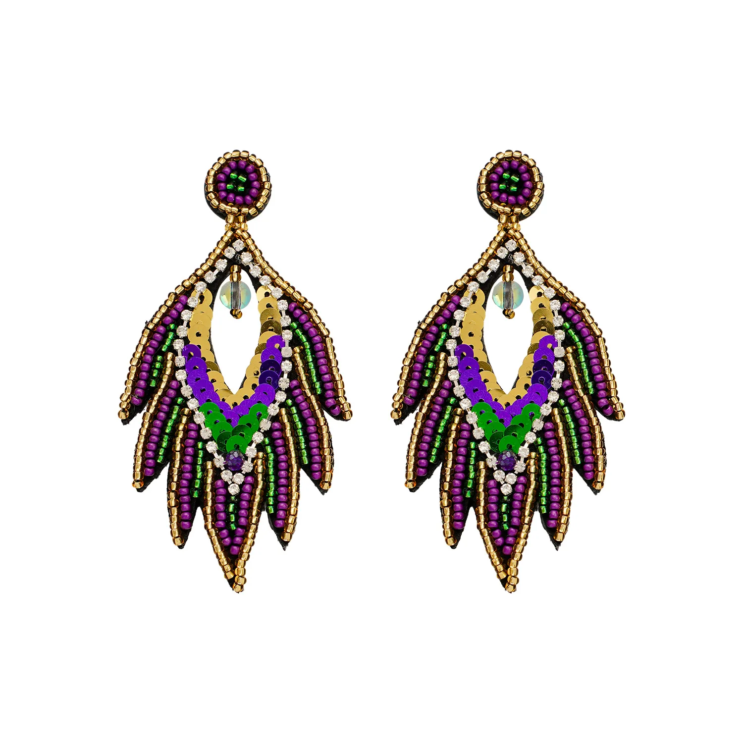 

NEW -Green Purple Gold Mardi Gras Beaded Earrings Accesssoires for Women Mardi Gras Feather Sequin Seed Bead Earring