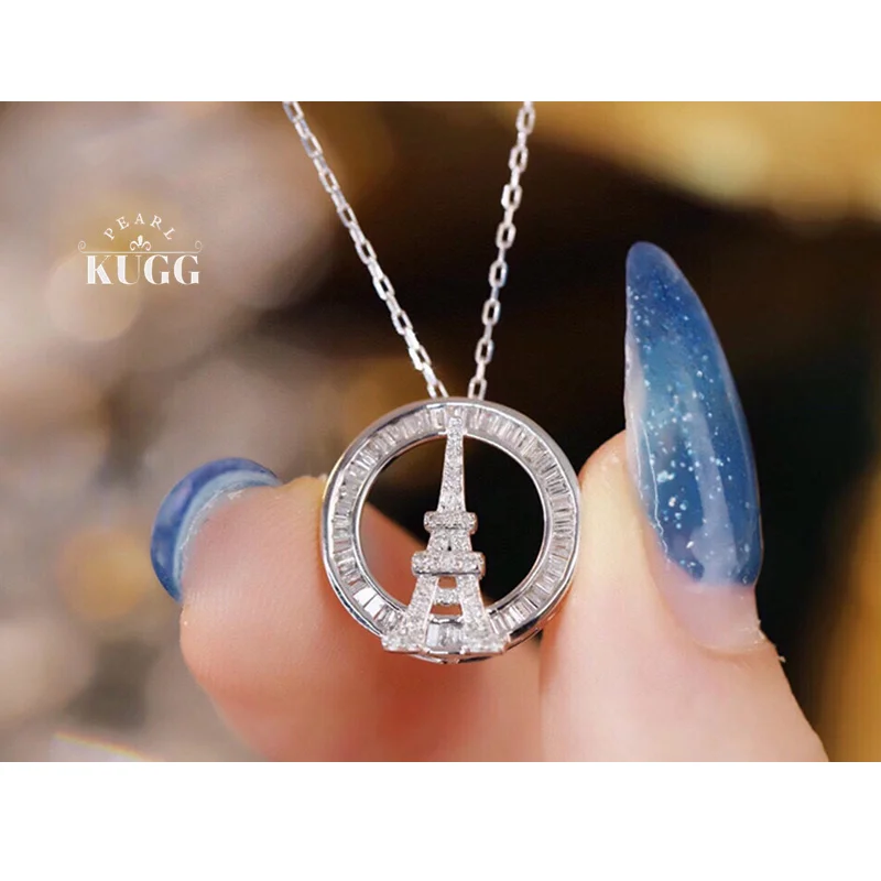 KUGG 18K White Gold Necklace Romantic Paris'Tower Shape 0.40carat Real Natural Diamond Pendant Necklace for Women Birthday Gift