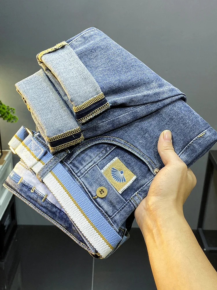 2024 spring new high end fashion brand jeans MEN\'S slim fit straight tube embroidered blue versatile washed casual Demin pants