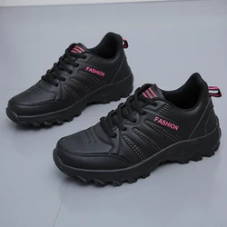 Women's Quality Leather Sneakers Casual Lightweight Sneakers Lace Up Trainers Comfortable Non-slip Flat Shoes Outdoor Hiking