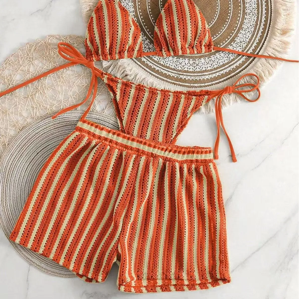 Fanan 2026 Summer New Women Style Boxer Shorts Mesh Three-piece Women's Swimsuit Neck Lace-up Bikini Set