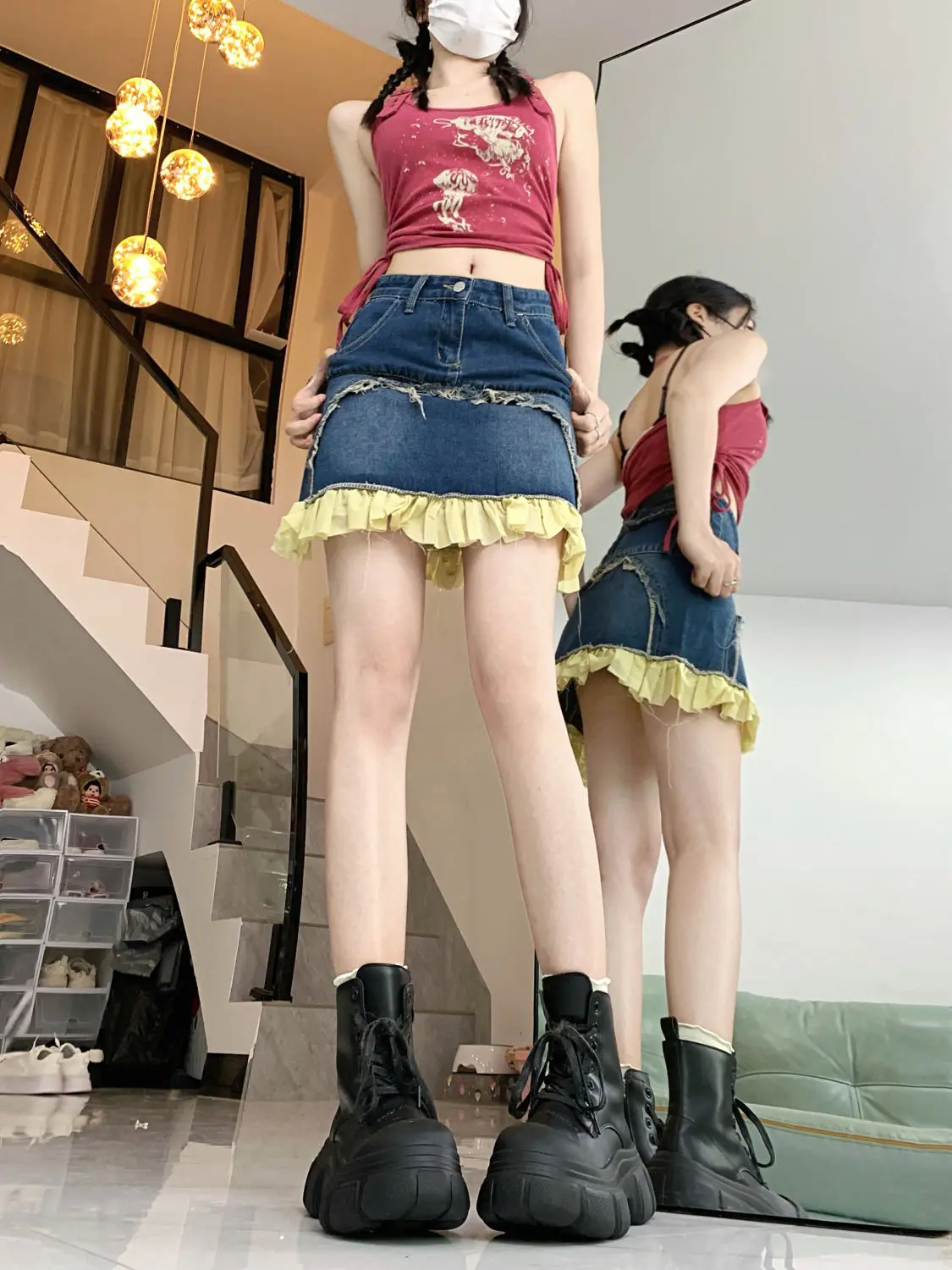 Sweet Spicy Style Irregular Lace Denim Skirt Women Summer High Waist Slim Design Niche Flower Bud Short Skirt
