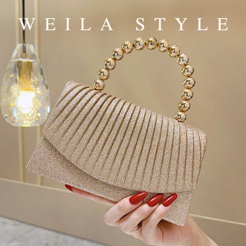 

New Glitter Evening Handbag, Pearl String Purse, Dress Evening Clutch, Elegant Pleated Flap Bag, Meilan Small Square Purse