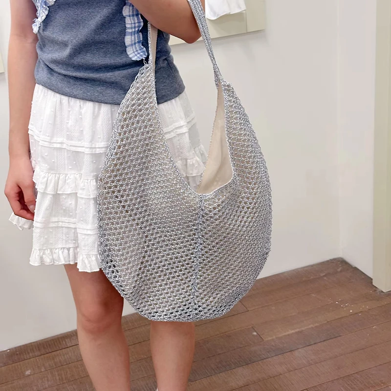 Silver Hollow Out Woven Mesh Tote Bag Korean Casual Large-capacity Shoulder Bag Women's Stylish Lightweight Shopping Handbag