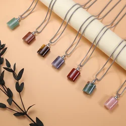 Charming Natural Stone Rose Quartz Green Aventurine Tiger Eye Stone Cylindrical Pendant perfume Diffuser perfume Bottle Necklace