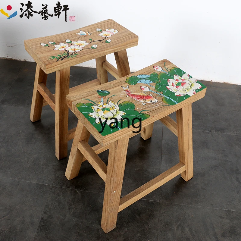 L'm'm New Chinese Style Painted Old Elm Wood Solid Wood Dining Stool Yuan Treasure Square Bench Log Stool Furniture