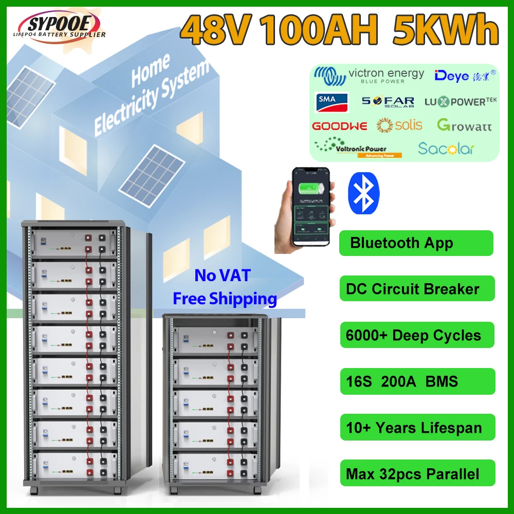 48V 100AH 200Ah LiFePO4 Battery with Bluetooth 16S BMS RS485 CAN Full Capacity 6000+ Cycles DC Breaker for Home Energy Storage