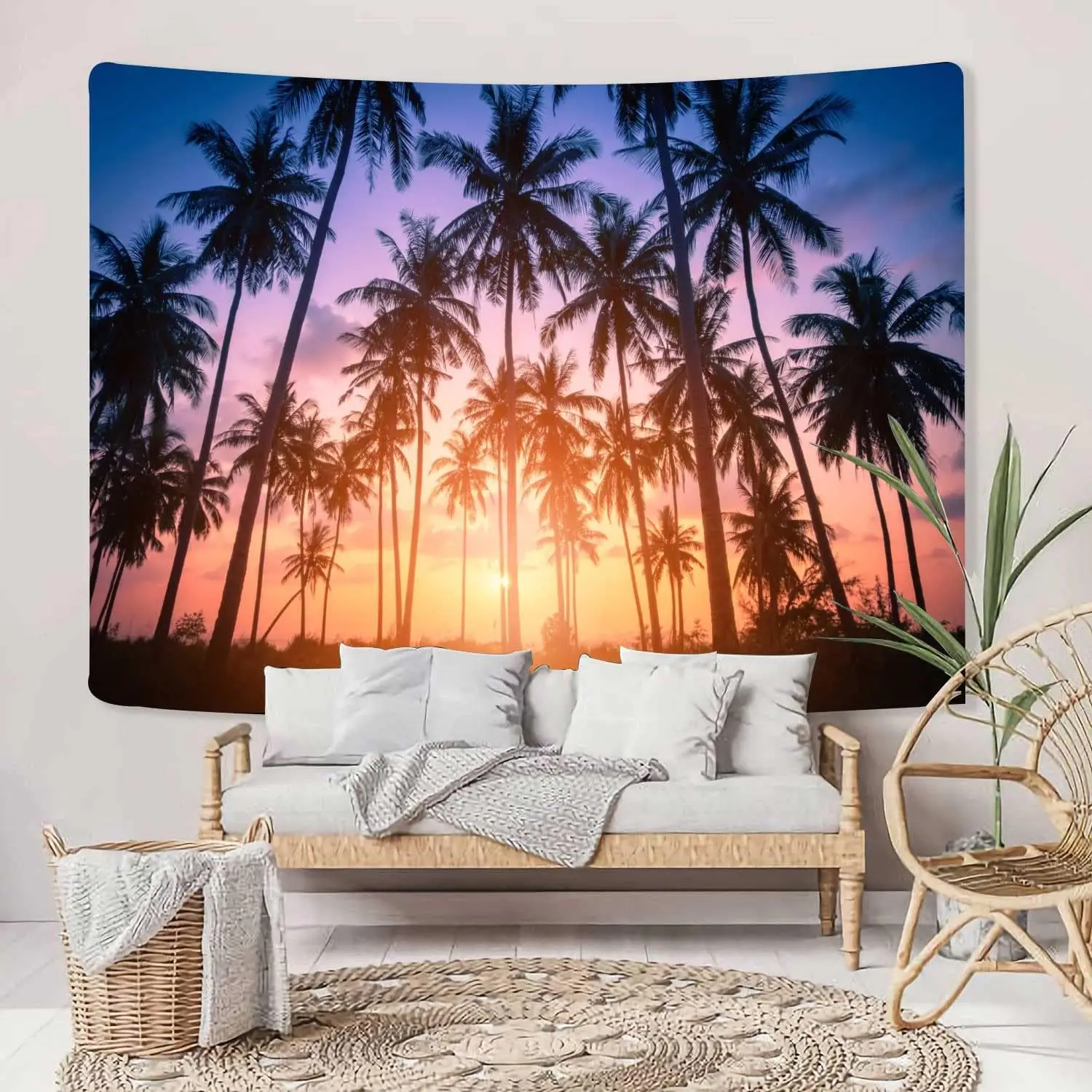 Tropical Beach Tapestry, Sunset Beach Ocean Palm Tree Fantasy Twilight Summer Art Tapestries for Bedroom, Seaside Landscape Art