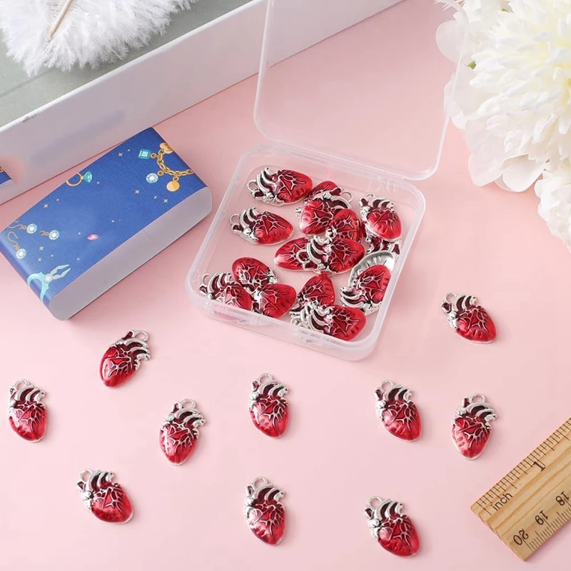 30Pcs Bulk Alloy Anatomical Charms Red Enamel Metal Antique Silver Gothic 3D Organ Hearts Halloween Charms