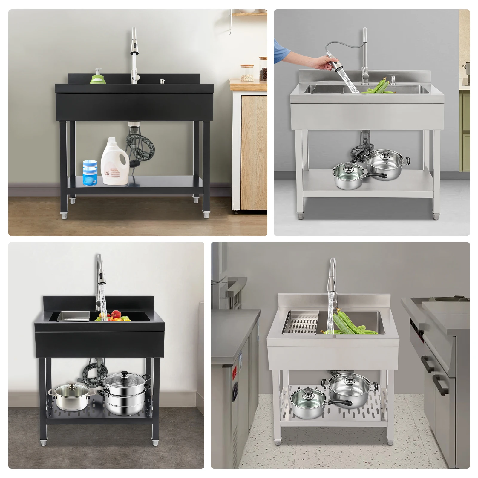 Évier utilitaire autoportant en acier inoxydable 75x42cm/55x36cm, éviers pour linge et salle utilitaire, bol simple rectangulaire noir/argent