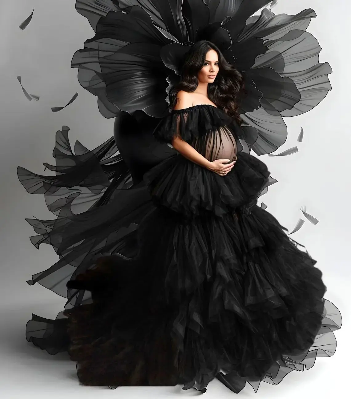 

Black Tulle Maternity Robes for Photography Off Shoulder A Line Pregnant Women Dresses Sexy Tiered Ruffles Baby Shower Gowns