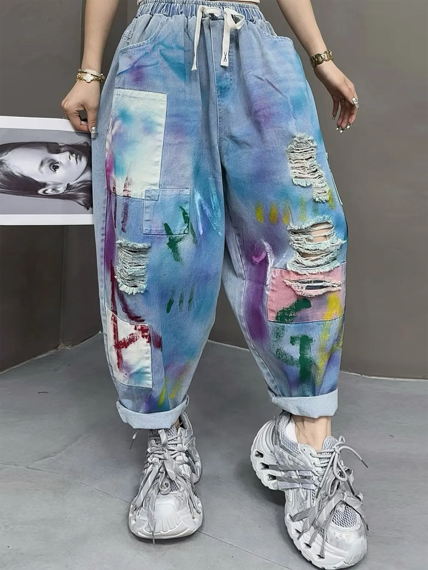 

Летние женские джинсы 2026 года с высокой талией и принтом, брюки-галифе