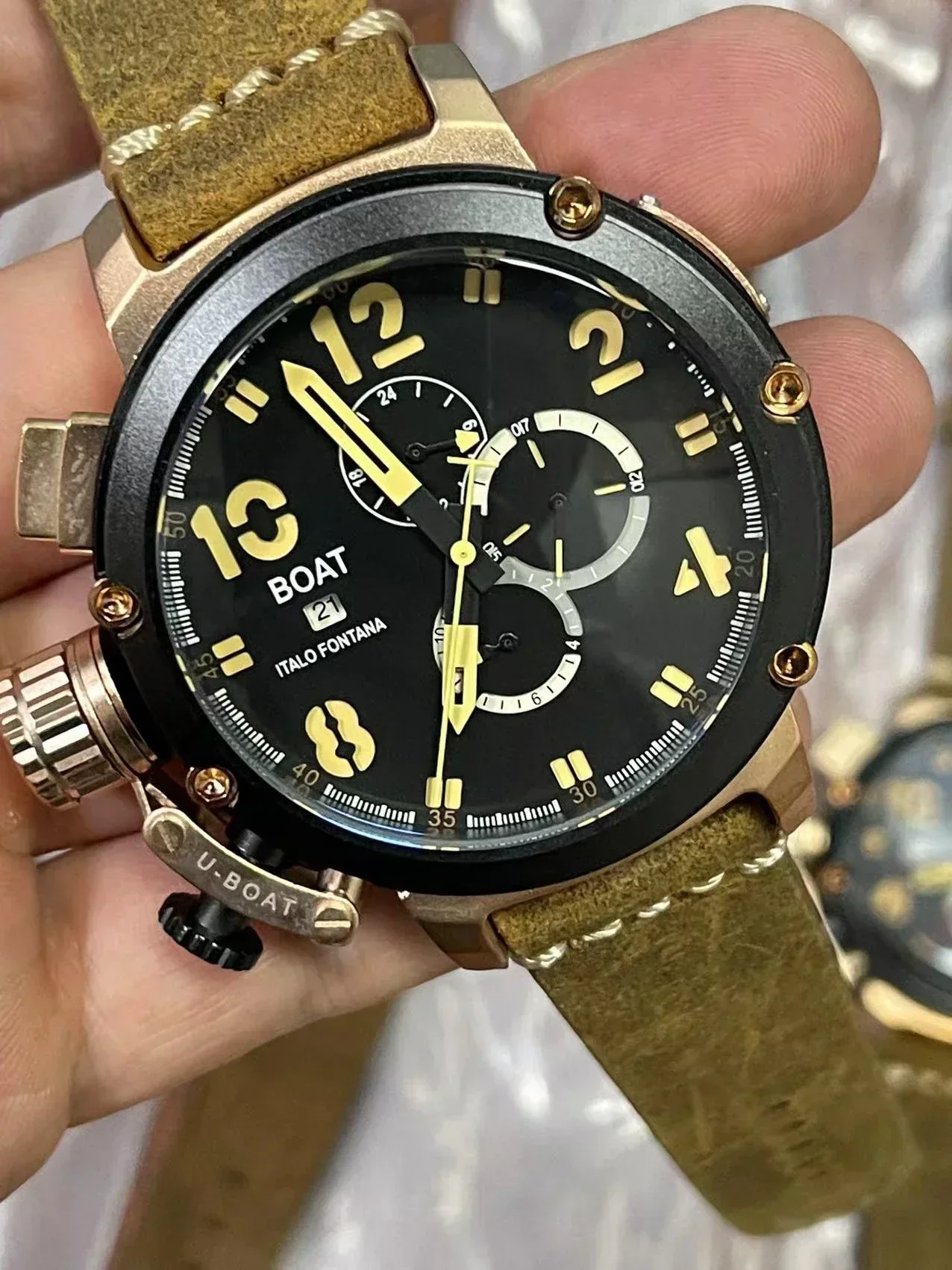 Luxury New Mens Automatic Mechanical U Watch Black Case Aged Cow Leather Brown Boat U51 Wristwatch Relogio Masculino