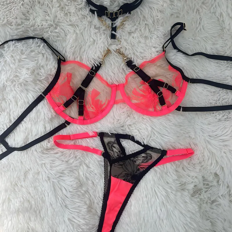 KUCLUT Clashing color three-dimensional embroidery underwear metal buckle hanging neck strap sexy women's set lingerie