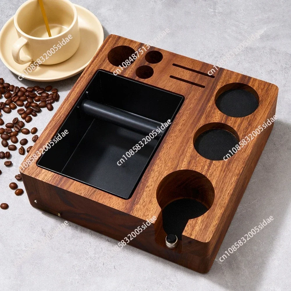 3 IN 1 Espresso Knock Box and Tamping Station 51/54MM Coffee Anti-pressure Pad Stand Walnut Wooden Coffee Organizer with Holder