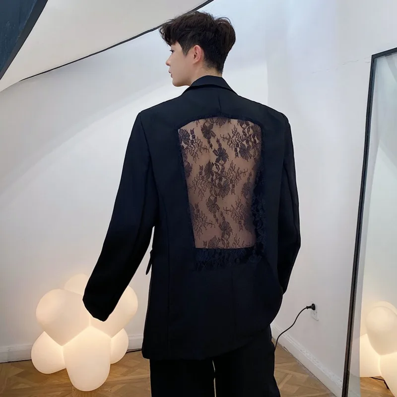 WVGA Spring Autumn New Men's Tide Elegant Dark Style Hollow Out Lace Patchwork Trendy Blazer Niche Chic Casual Jacket Ins W20949