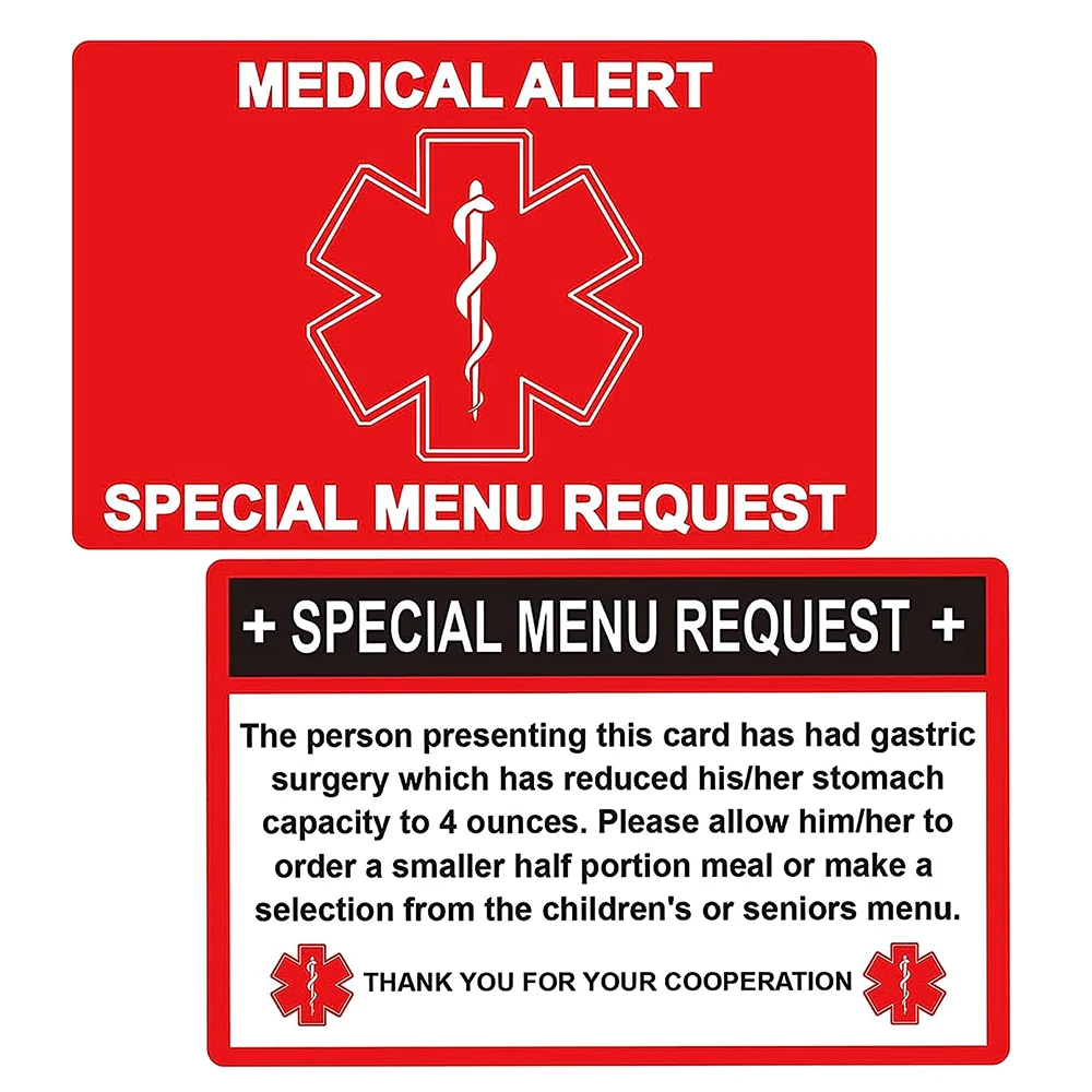 3*4 Inch Weight Loss Surgery (WLS) Card Red Bariatric Restaurant Card 2 Pack Special Menu Restaurant Request Plastic Card