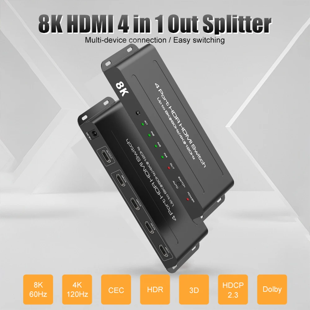 HDMI 2.1 Switcher 4 in 1 out 8K 60Hz 48Gbps 1080P Splitter 1x4 Hub Adapter Converter for PS5 Switch Xbox TV Box HDTV PC Laptop