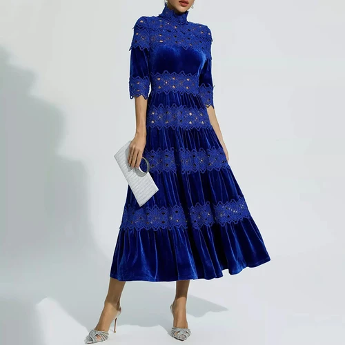 Arya-vestido de noche de media manga con cuello alto, encaje y terciopelo, corte en A, largo hasta el té, montaje de ilusión, vestido personalizado para fiesta de boda para mujer