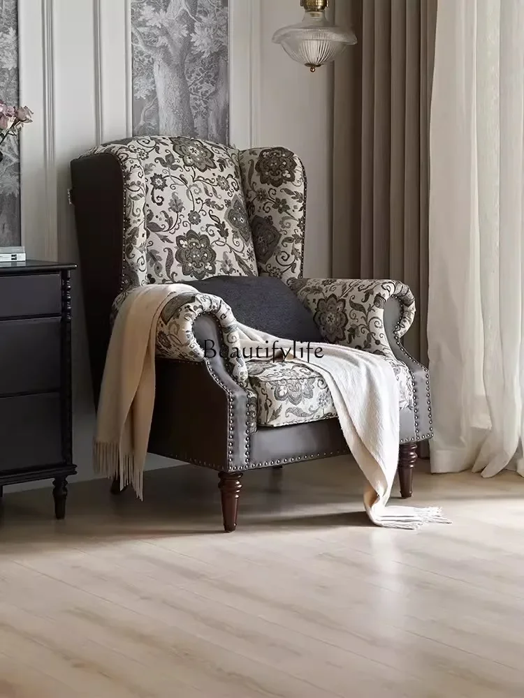 LD6American Retro Wingback كرسي غرفة معيشة فردية أريكة قماش خشب متين أريكة غرفة النوم