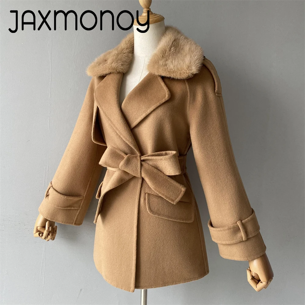 

Jaxmonoy Cashmere Coat For Women Autumn Winter New Style Woolen Jacket With Real Mink Fur Collar Long Trench Outerwear Female