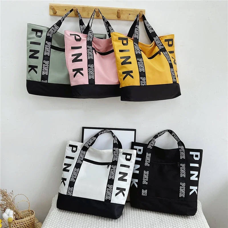 Large Capacity Letter Strap Handbags PINK Tote Large Shoulder Hand Bag Pink Waterproof Nylon Bag