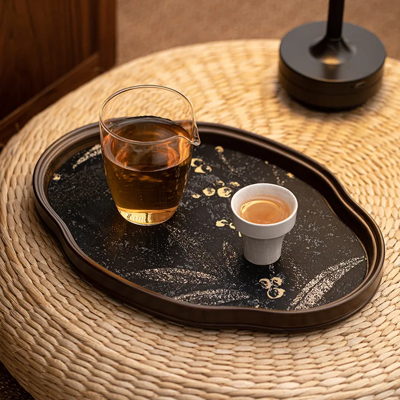 High-End Japanese Woven Bamboo Tray, Rectangular Tea Tray with Fruit & Crabapple Motifs, Retro Dry Brewing Tea Stand for Home