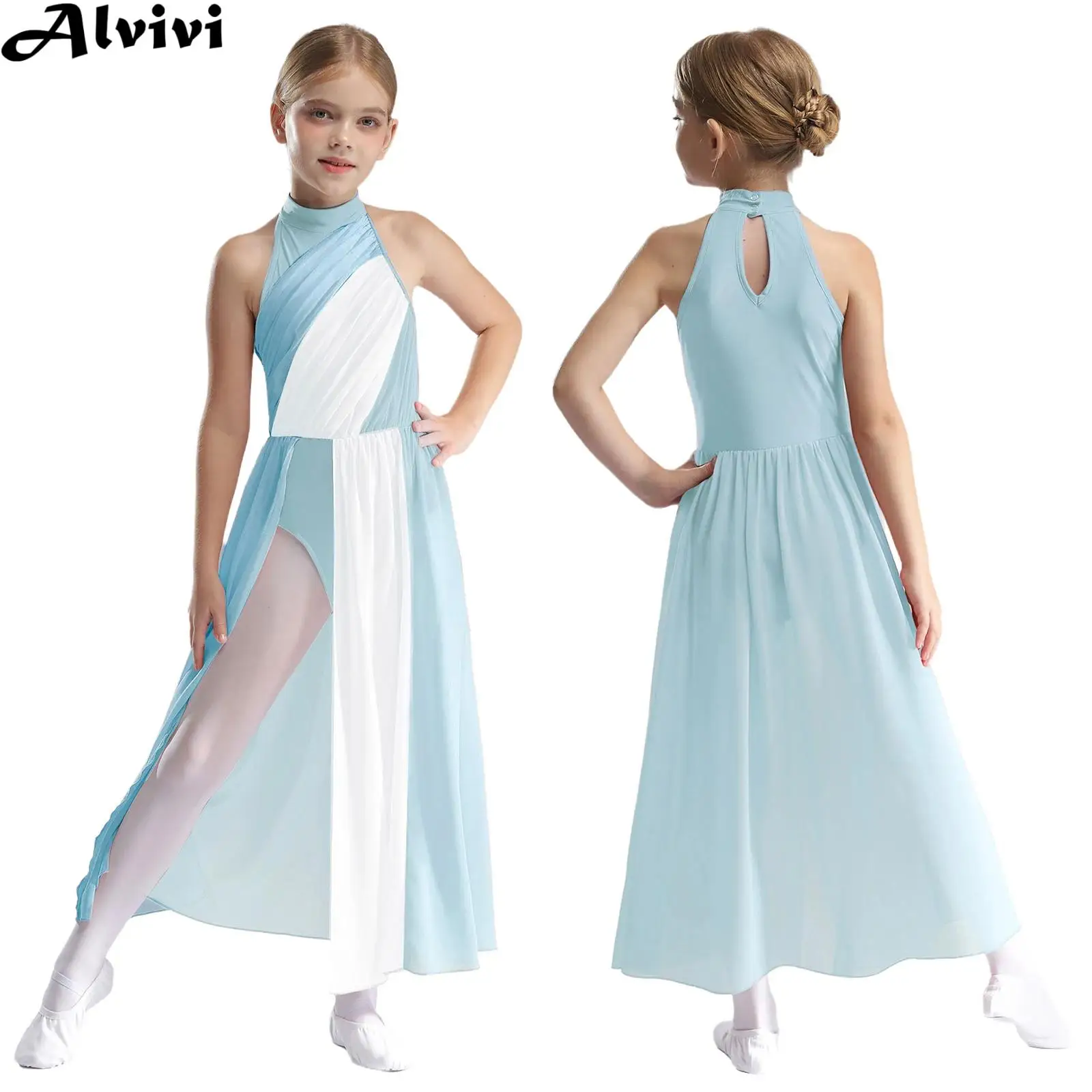 Girls Modern Lyrical Dance Leotard Dress Sleeveless Color Block Split Maxi Dresses Dancewear for Ballet Figure Skating Gymnastic